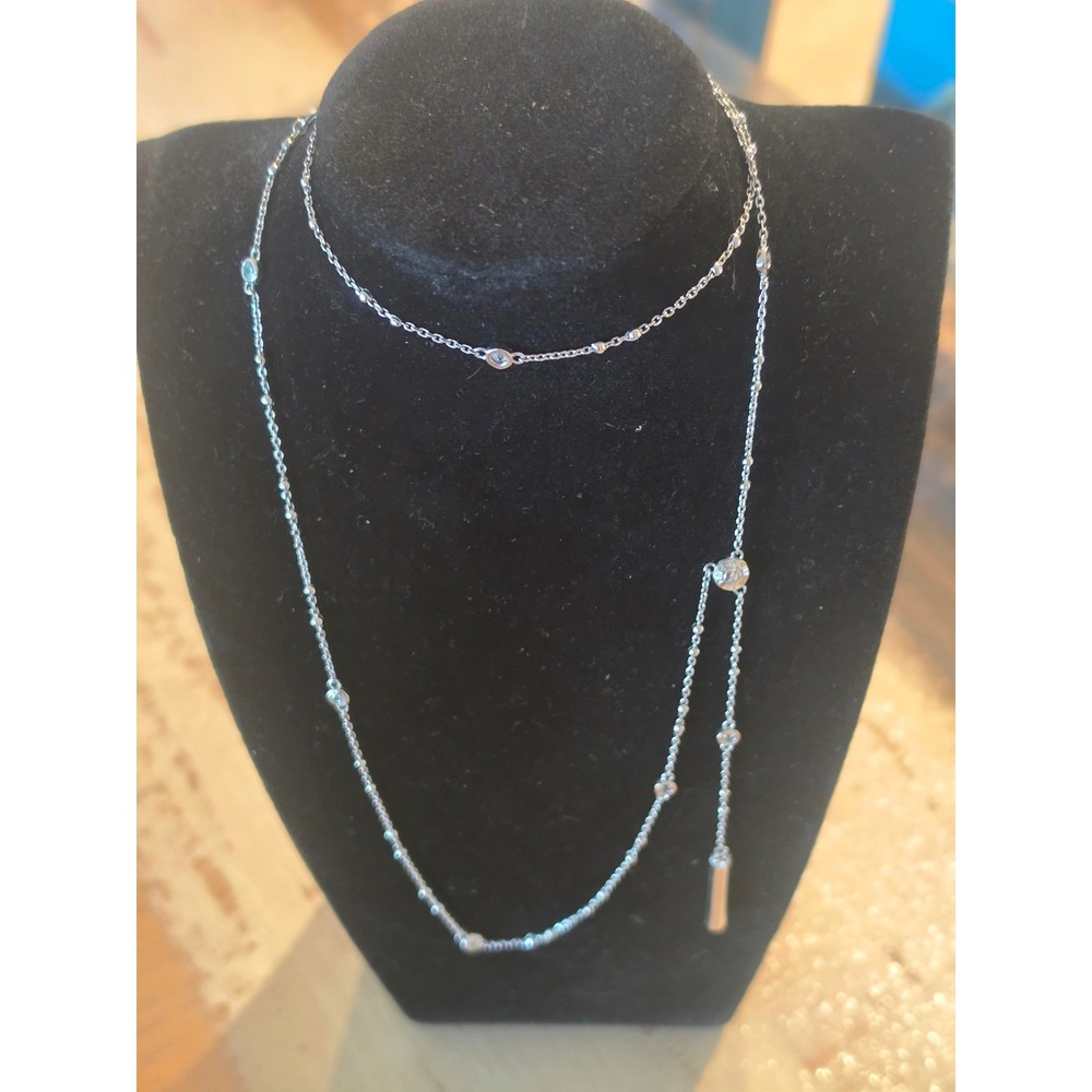 Henri Bendel New York Silver Tone Layered Lariat Crystal Bar Pendant Necklace - Picture 2 of 4